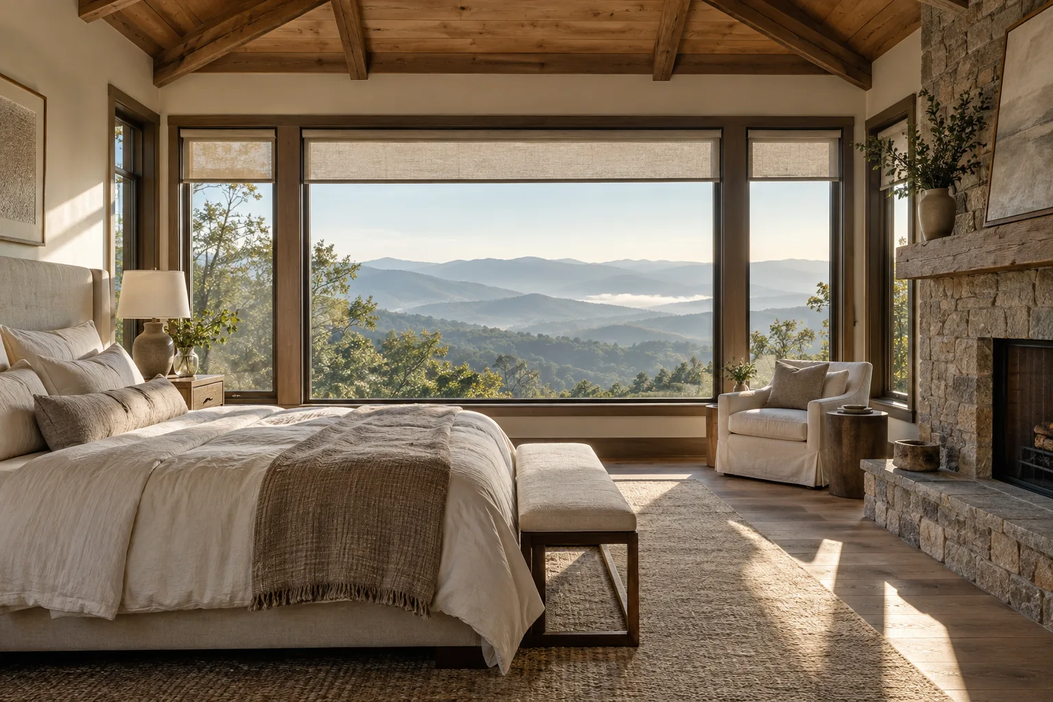 Warm timber bedroom with linen shades and a layered mountain view