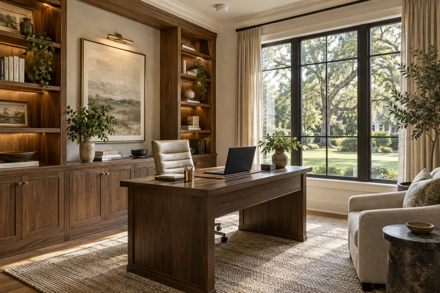 Walnut-lined home office with a leafy garden view