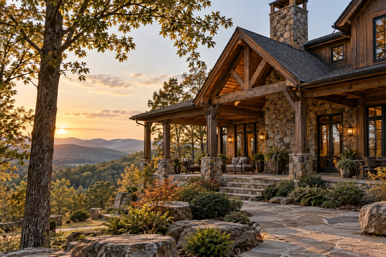 Timber and fieldstone retreat set among wooded mountain foothills