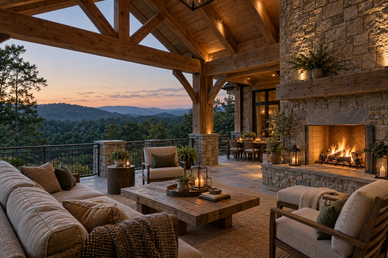 Covered timber terrace with stone fireplace overlooking forested foothills