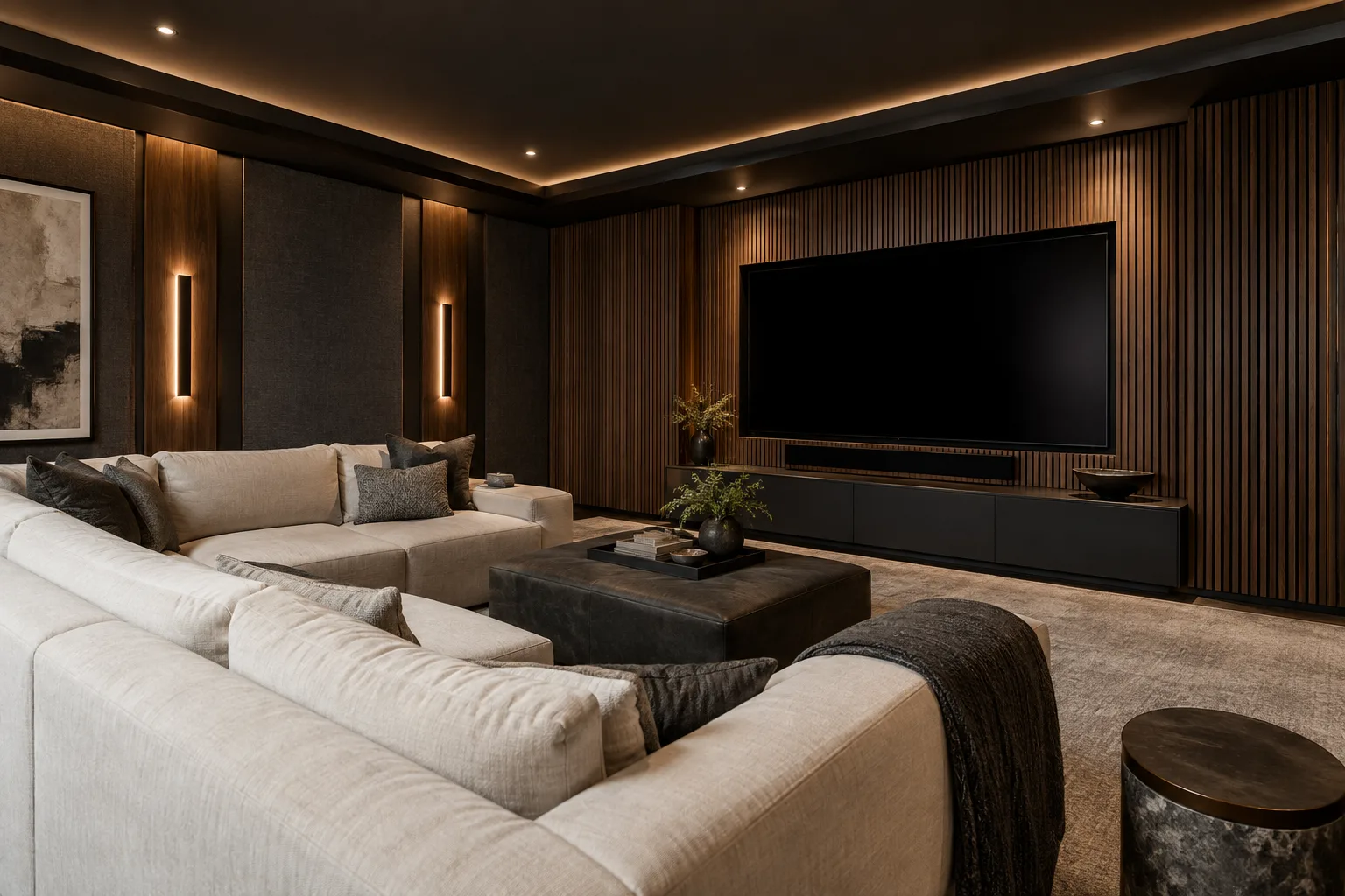Refined media room with walnut acoustic walls and layered lighting
