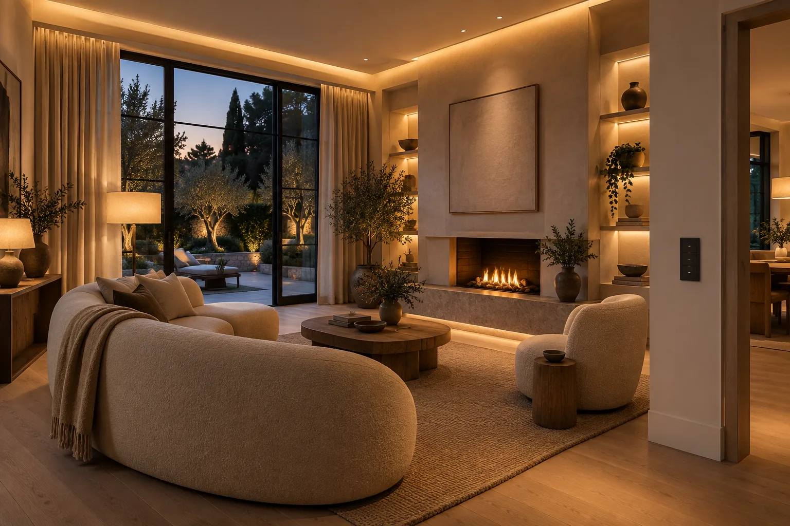 Elegant living room with warm layered lighting and a discreet wall keypad