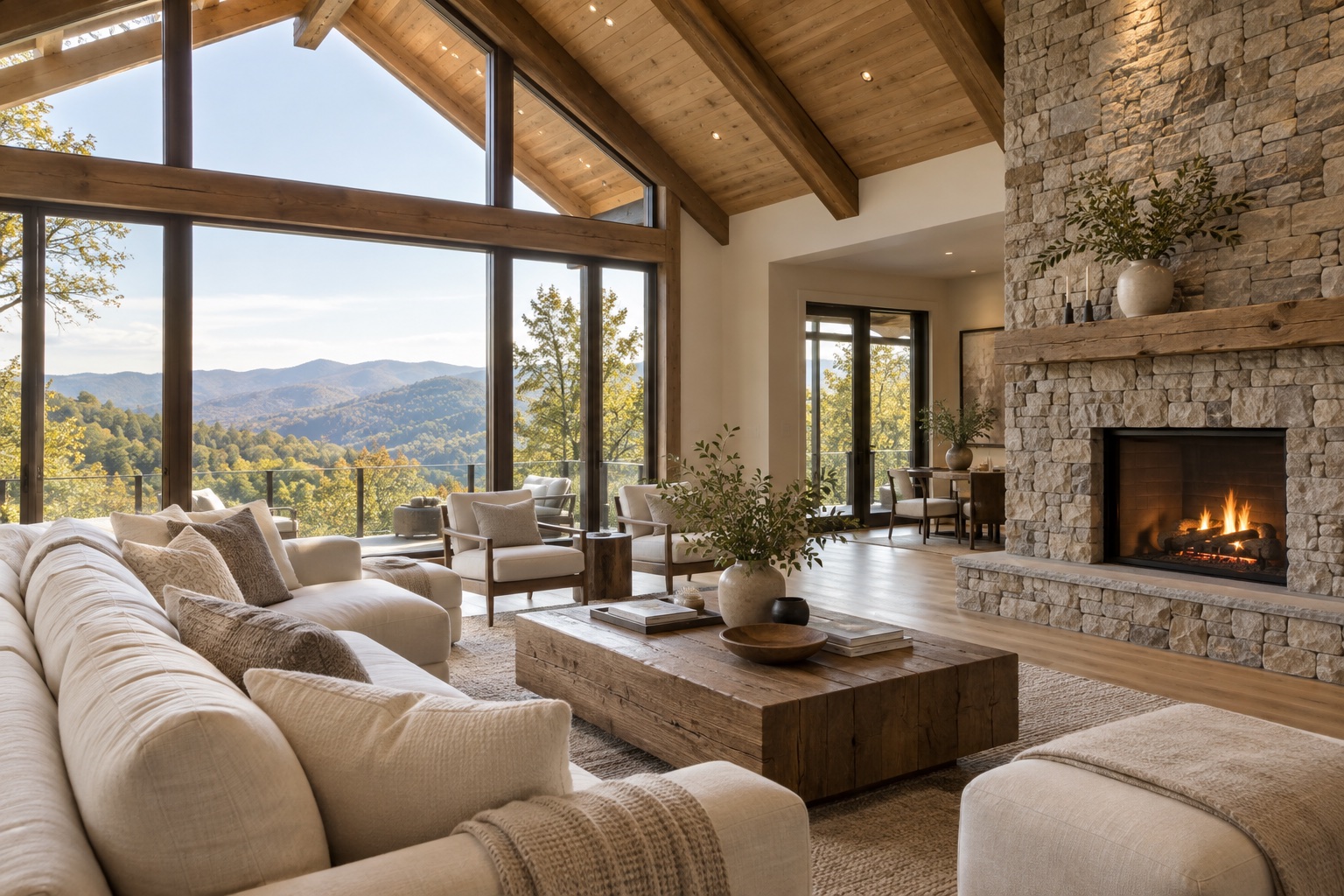 A light-filled mountain living room with discreet integrated lighting and panoramic views