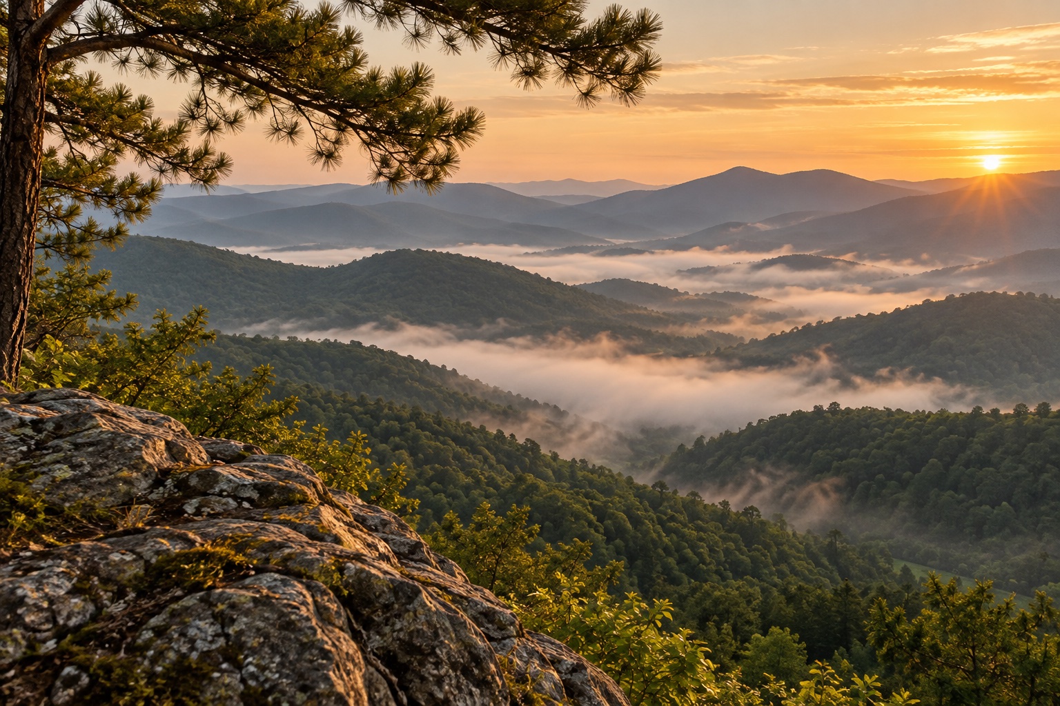 Forested North Georgia mountain ridges in the morning mist