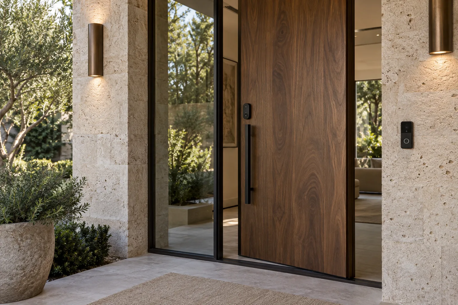 Walnut entrance with discreet smart lock and video doorbell