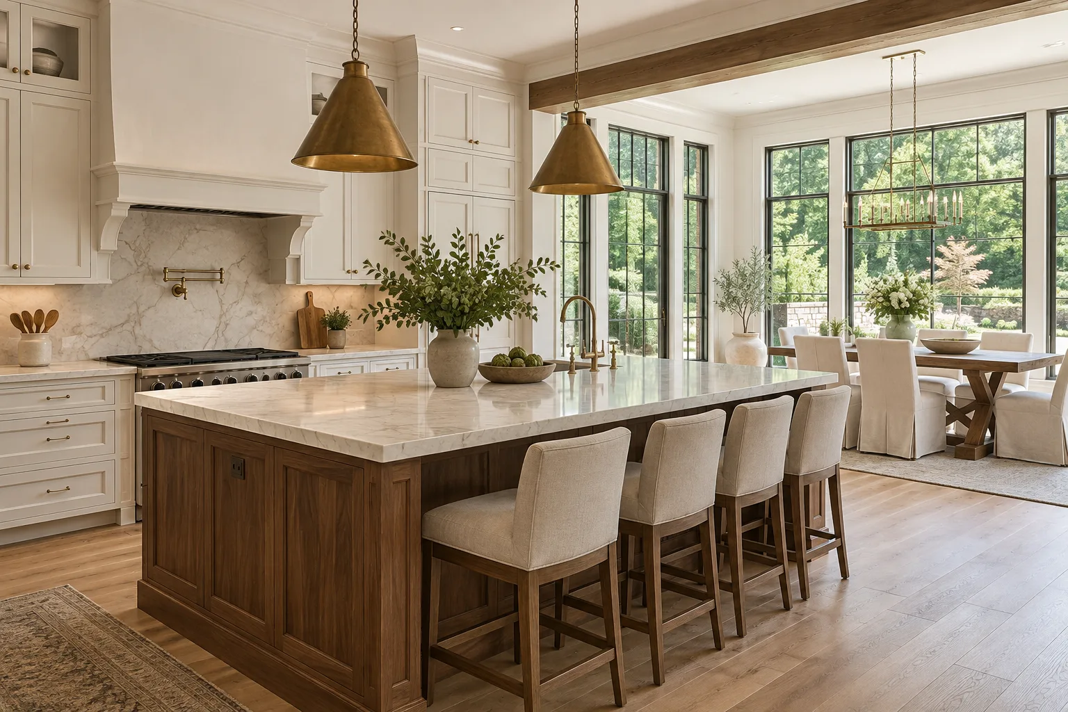 Refined Southern kitchen with a walnut island, natural stone, and warm brass lighting